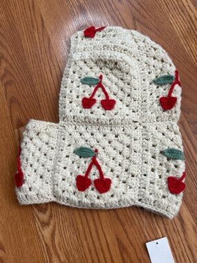 Urban Outfitters Crochet Cherry Balaclava Hood Cream NWT